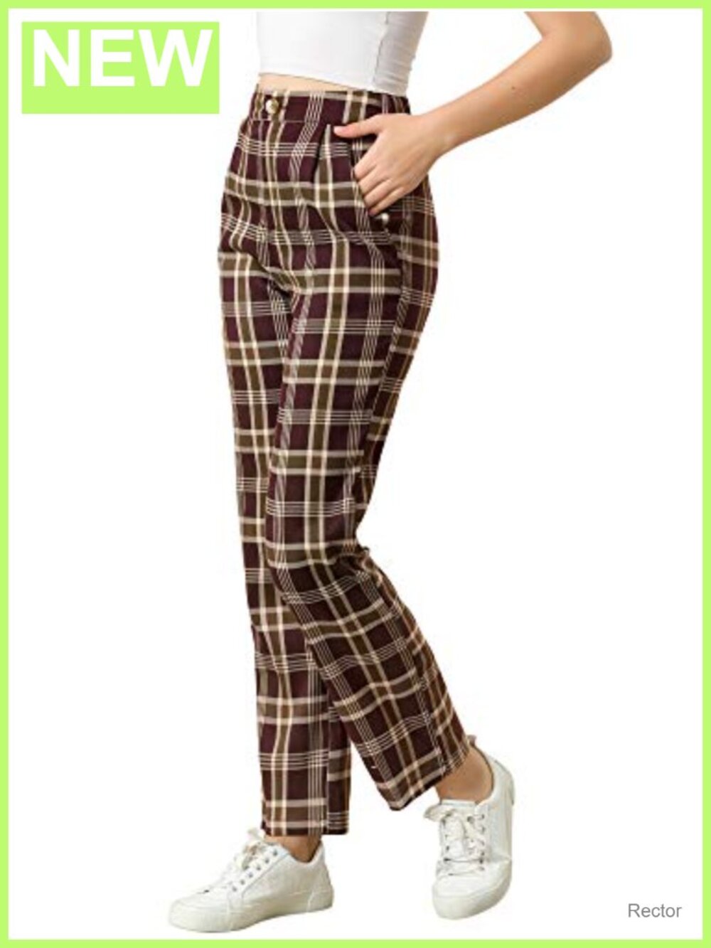 Plaid Straight Leg Trousers Elastic Waist Casual Work Pants